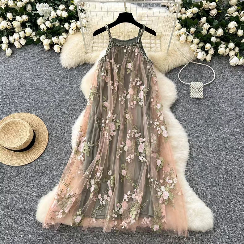 Simple Floral Embroidery Slimming Mesh Dress TP2850