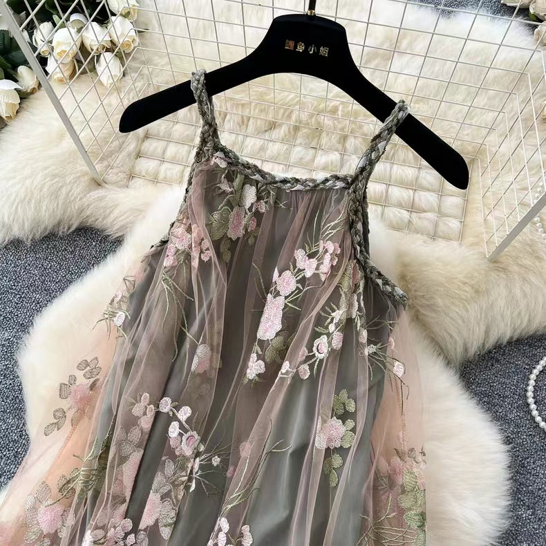 Simple Floral Embroidery Slimming Mesh Dress TP2850
