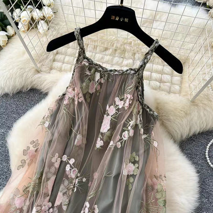 Simple Floral Embroidery Slimming Mesh Dress TP2850