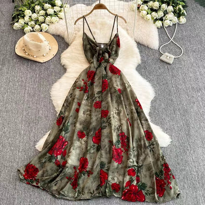New Women Simple Fashion Spaghetti Strap High Waist Floral Dress TP2852