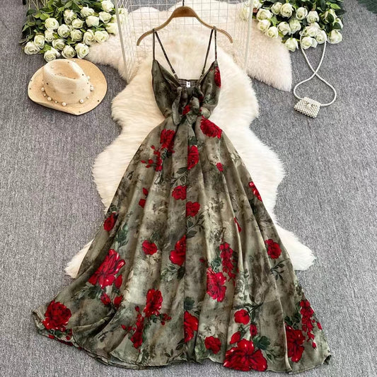 New Women Simple Fashion Spaghetti Strap High Waist Floral Dress TP2852