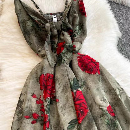 New Women Simple Fashion Spaghetti Strap High Waist Floral Dress TP2852