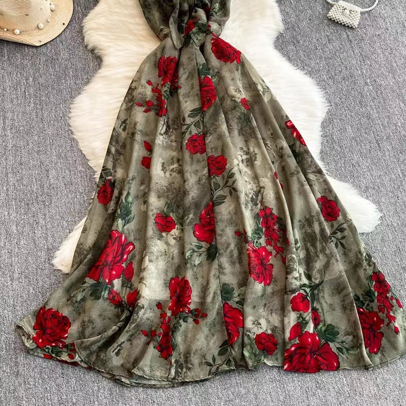 New Women Simple Fashion Spaghetti Strap High Waist Floral Dress TP2852