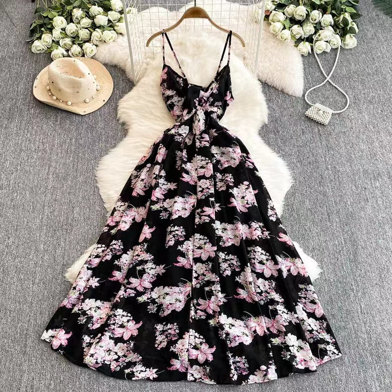 New Women Simple Fashion Spaghetti Strap High Waist Floral Dress TP2852