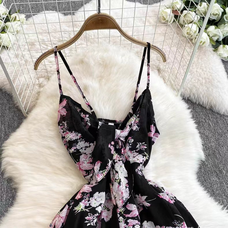 New Women Simple Fashion Spaghetti Strap High Waist Floral Dress TP2852
