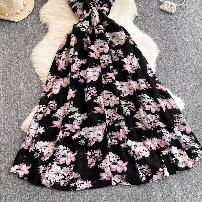 New Women Simple Fashion Spaghetti Strap High Waist Floral Dress TP2852