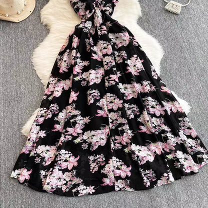 New Women Simple Fashion Spaghetti Strap High Waist Floral Dress TP2852