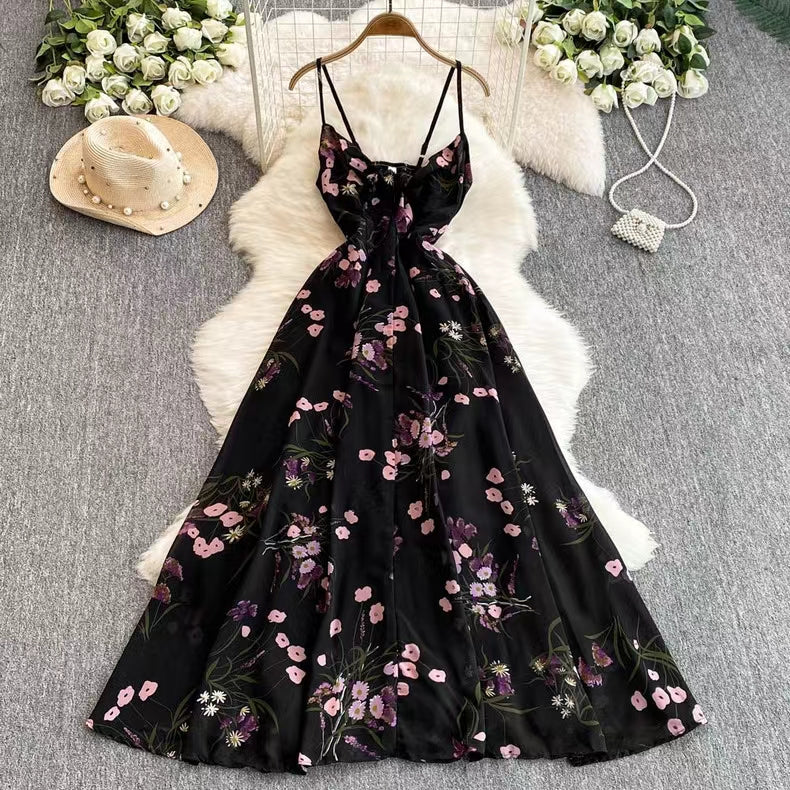 New Women Simple Fashion Spaghetti Strap High Waist Floral Dress TP2852