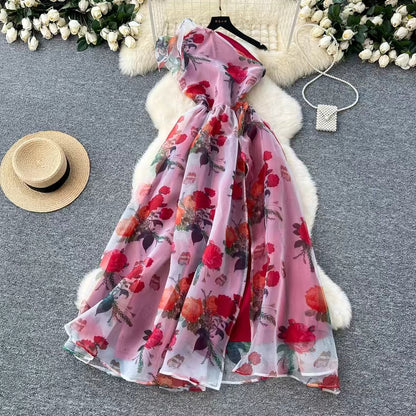 Elegant Diagonal Shoulder Three-dimensional Lace Printed Floral Mesh Dress TP2853