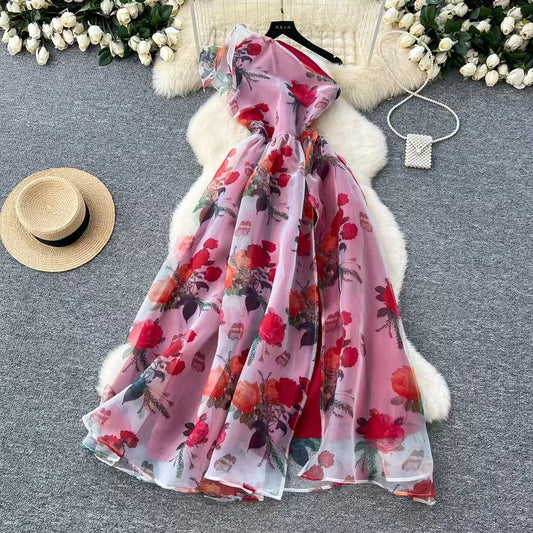 Elegant Diagonal Shoulder Three-dimensional Lace Printed Floral Mesh Dress TP2853