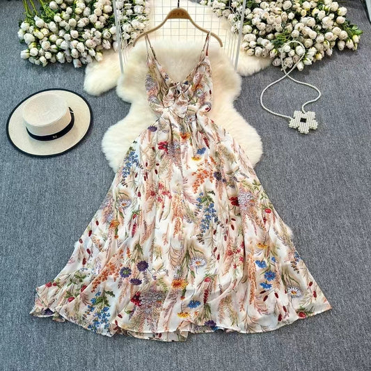 Boho Style V-neck Spaghetti Strap High-waisted Colorful Floral Dress TP2854