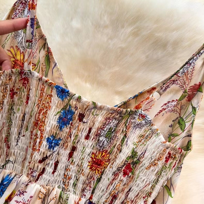 Boho Style V-neck Spaghetti Strap High-waisted Colorful Floral Dress TP2854