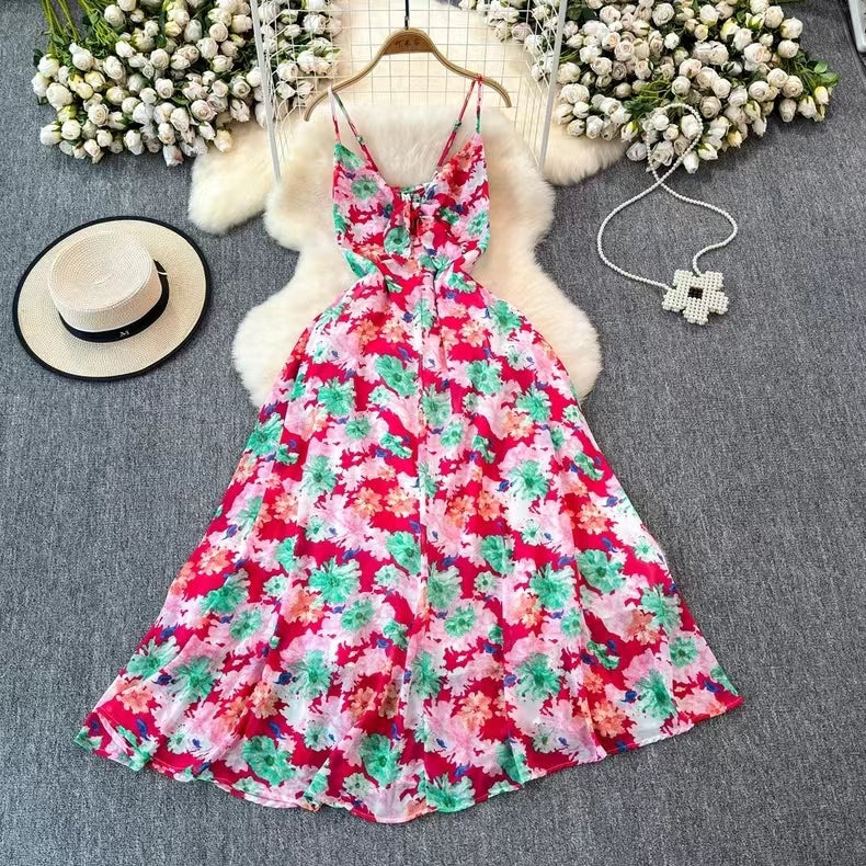 Boho Style V-neck Spaghetti Strap High-waisted Colorful Floral Dress TP2854