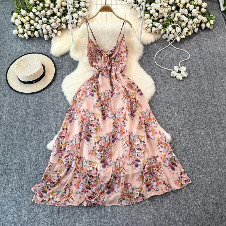 Boho Style V-neck Spaghetti Strap High-waisted Colorful Floral Dress TP2854