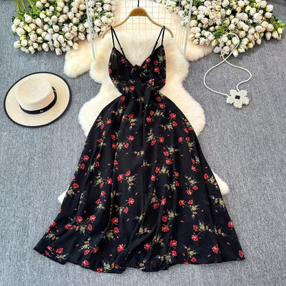 Boho Style V-neck Spaghetti Strap High-waisted Colorful Floral Dress TP2854
