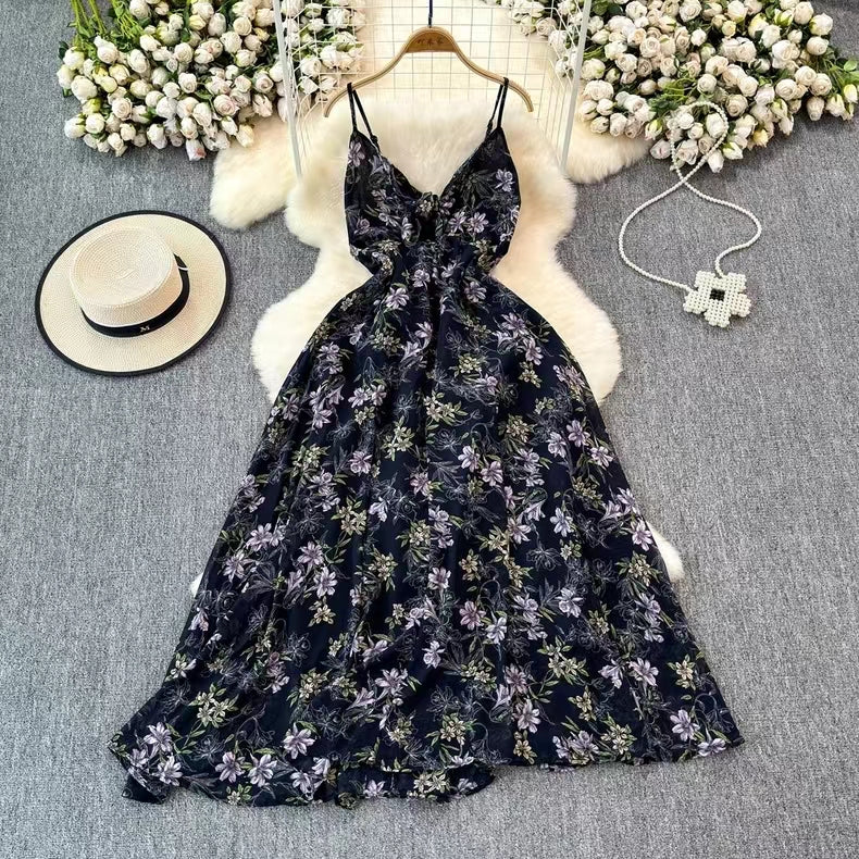 Boho Style V-neck Spaghetti Strap High-waisted Colorful Floral Dress TP2854