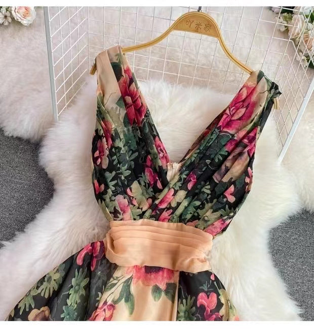 New Stylish Elegant V-neck High-waisted Floral Dress TP2855