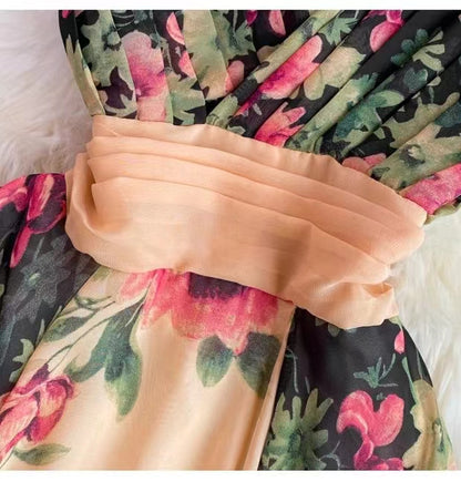 New Stylish Elegant V-neck High-waisted Floral Dress TP2855