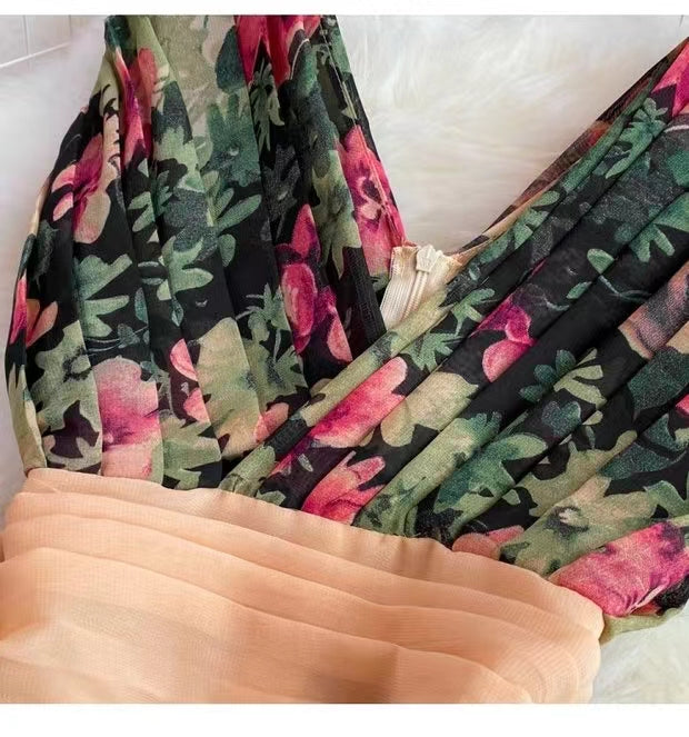 New Stylish Elegant V-neck High-waisted Floral Dress TP2855