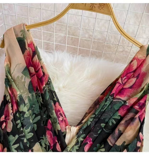 New Stylish Elegant V-neck High-waisted Floral Dress TP2855