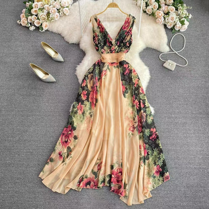 New Stylish Elegant V-neck High-waisted Floral Dress TP2855