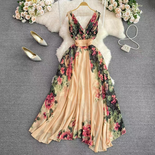 New Stylish Elegant V-neck High-waisted Floral Dress TP2855