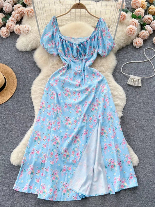 Vintage Simple Square Collar Puffed Sleeves Floral Dress TP2856