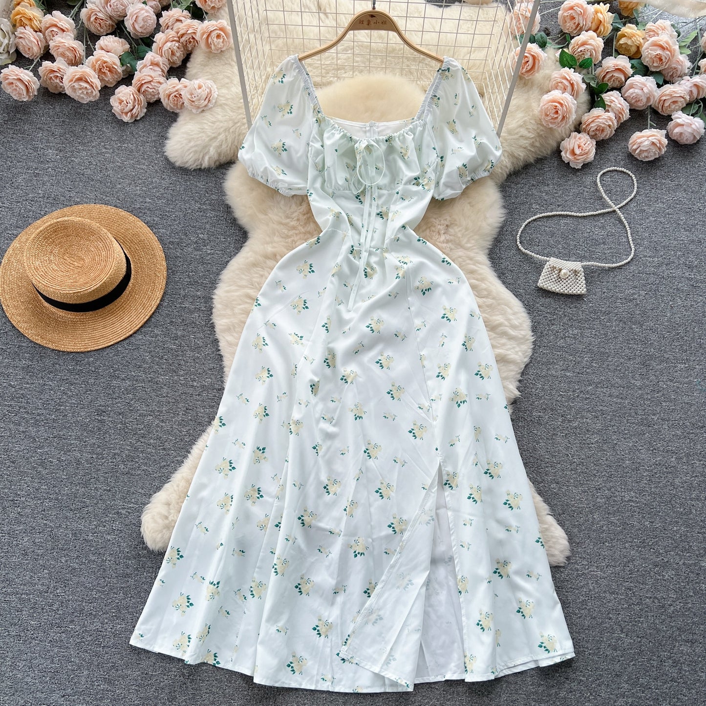 Vintage Simple Square Collar Puffed Sleeves Floral Dress TP2856