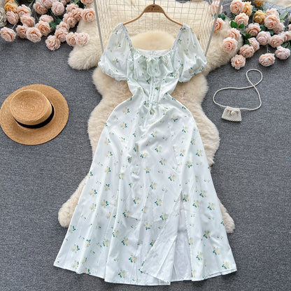 Vintage Simple Square Collar Puffed Sleeves Floral Dress TP2856