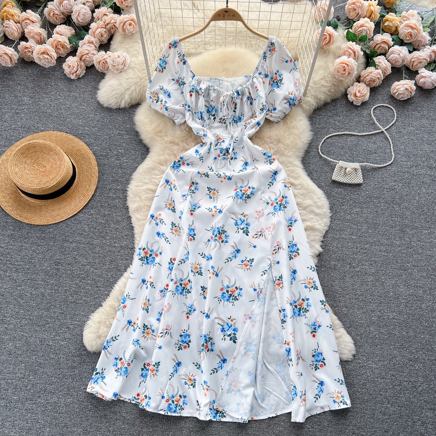 Vintage Simple Square Collar Puffed Sleeves Floral Dress TP2856