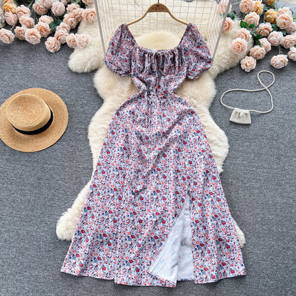 Vintage Simple Square Collar Puffed Sleeves Floral Dress TP2856