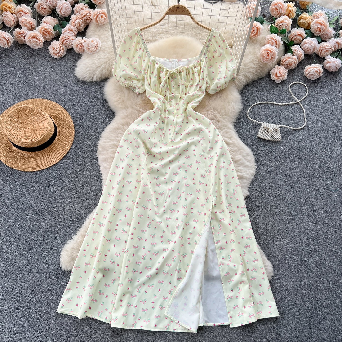 Vintage Simple Square Collar Puffed Sleeves Floral Dress TP2856