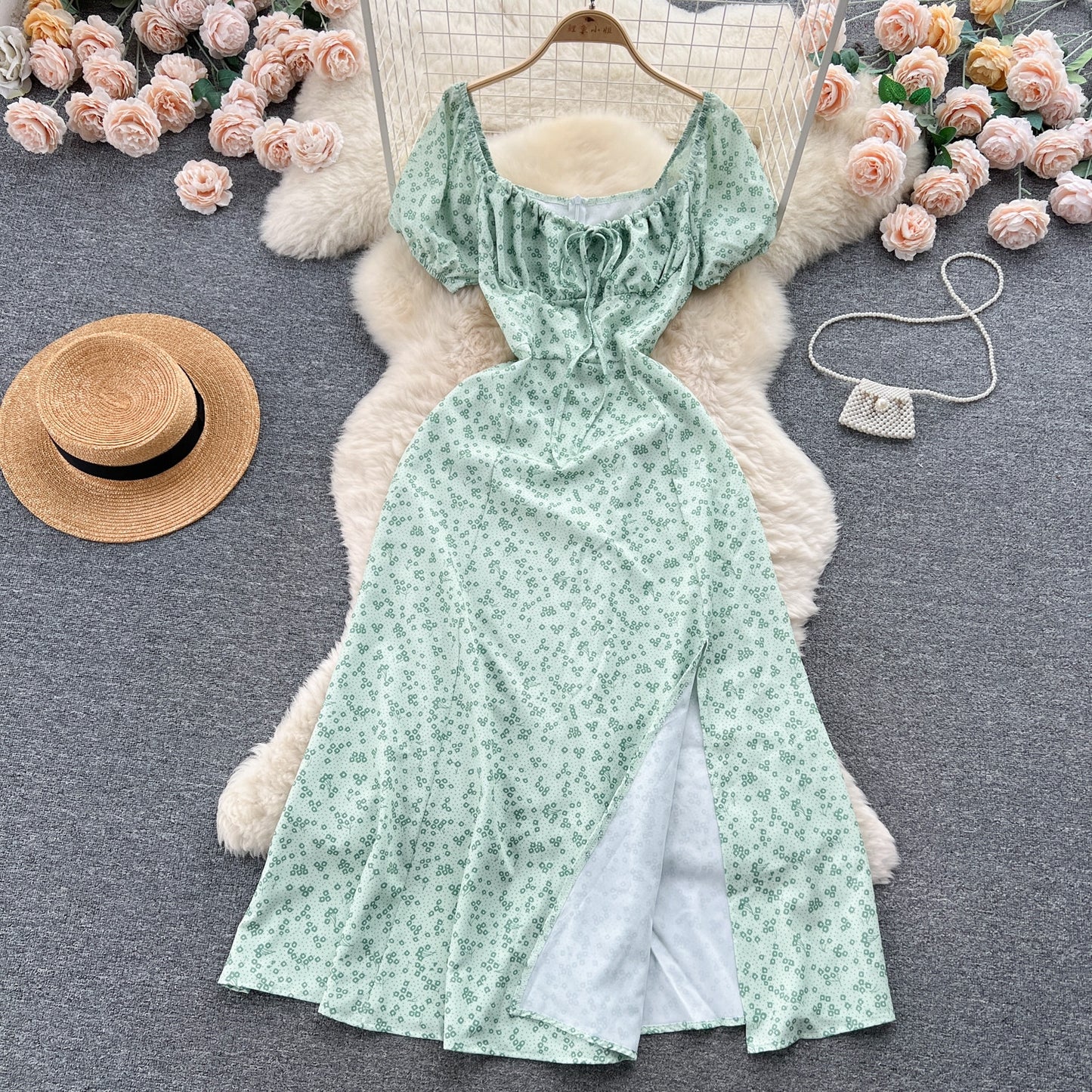 Vintage Simple Square Collar Puffed Sleeves Floral Dress TP2856