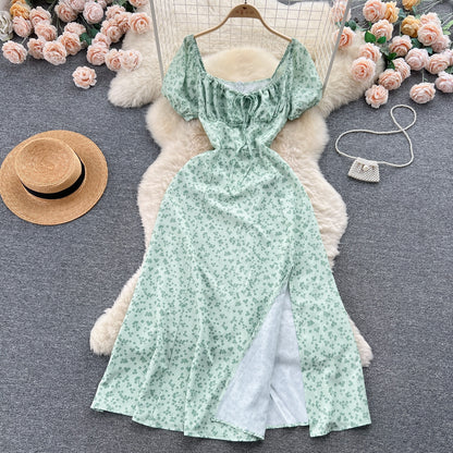 Vintage Simple Square Collar Puffed Sleeves Floral Dress TP2856