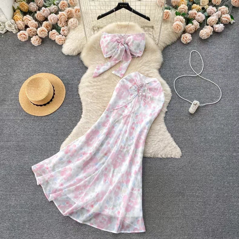 Seaside Holiday Sexy Halter top Mermaid Floral Skirt Two-piece Set TP2857