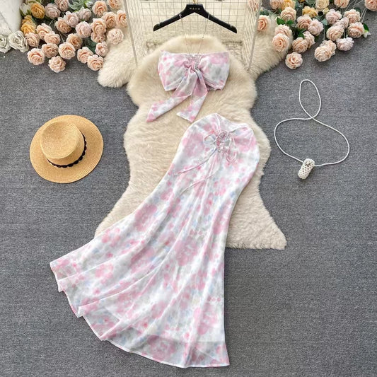Seaside Holiday Sexy Halter top Mermaid Floral Skirt Two-piece Set TP2857