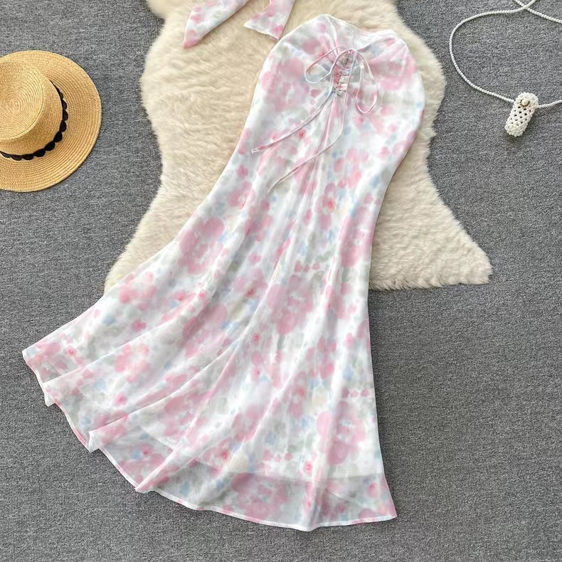 Seaside Holiday Sexy Halter top Mermaid Floral Skirt Two-piece Set TP2857