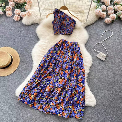 New Seaside Holiday Fashion Short Sleeveless Top High Waist Floral Skirt Two-piece Set TP2858