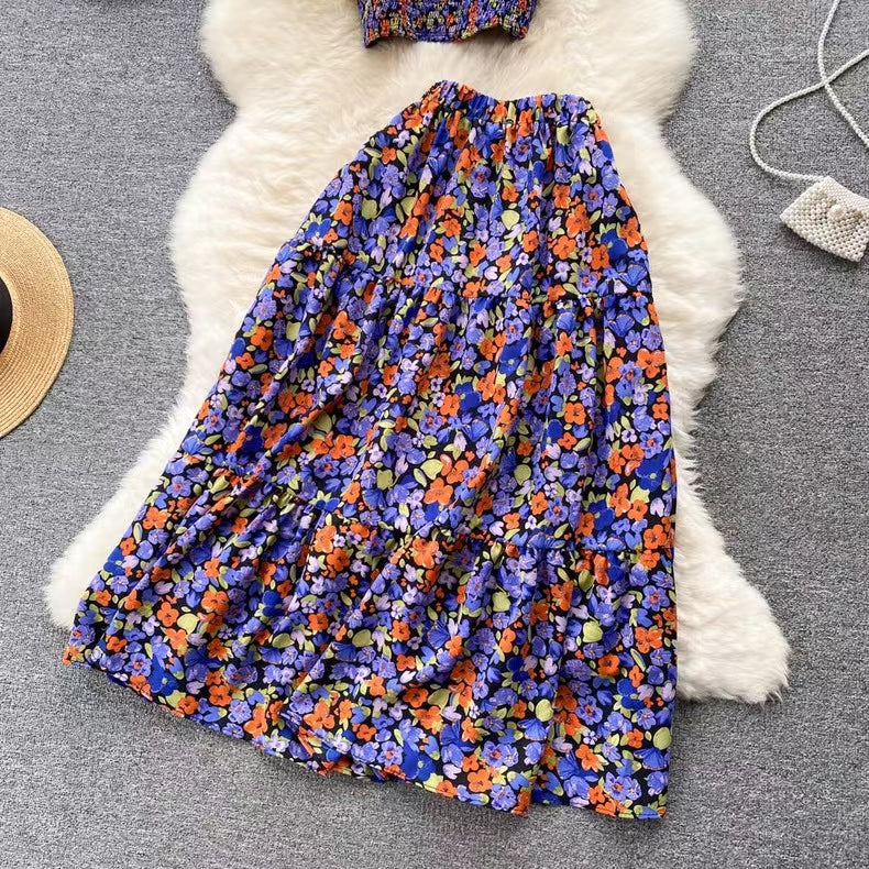 New Seaside Holiday Fashion Short Sleeveless Top High Waist Floral Skirt Two-piece Set TP2858