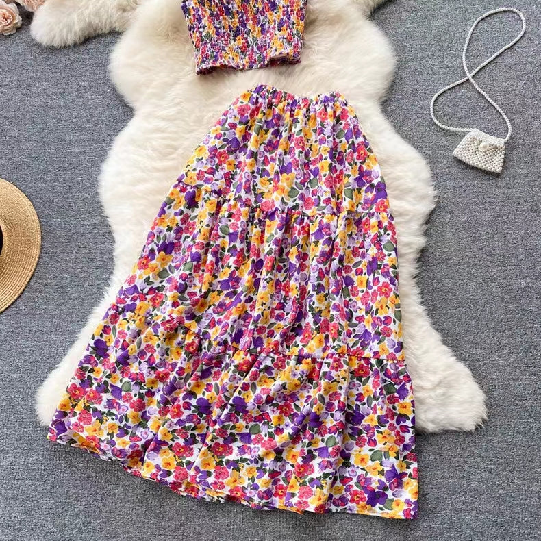 New Seaside Holiday Fashion Short Sleeveless Top High Waist Floral Skirt Two-piece Set TP2858
