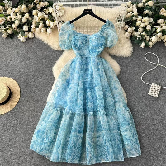 New French Audrey Hepburn Style Puff Sleeve Organza Floral Ball Gown TP2860