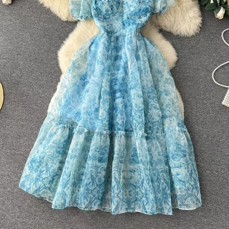 New French Audrey Hepburn Style Puff Sleeve Organza Floral Ball Gown TP2860