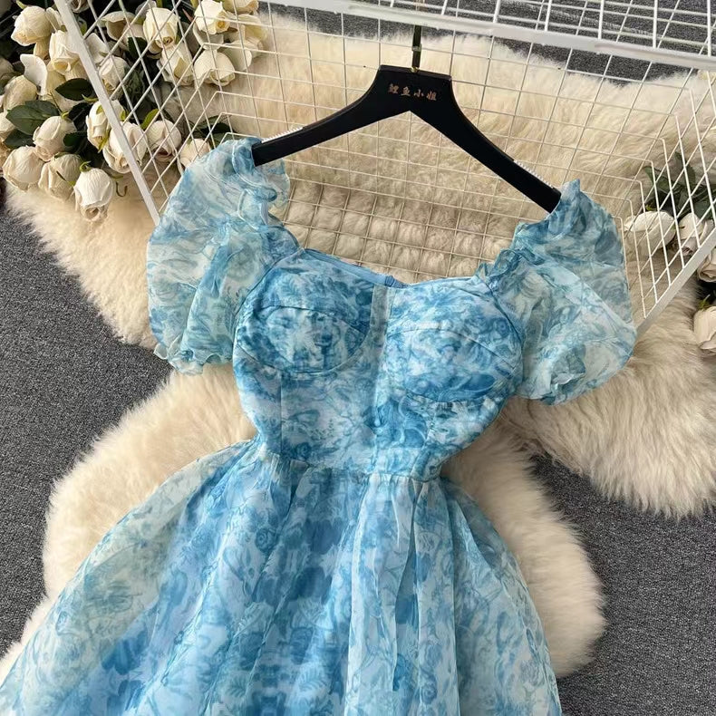 New French Audrey Hepburn Style Puff Sleeve Organza Floral Ball Gown TP2860