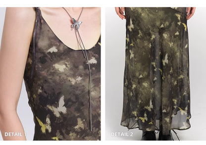 Vintage Butterfly Green Mesh Spaghetti Strap Dress TP2911