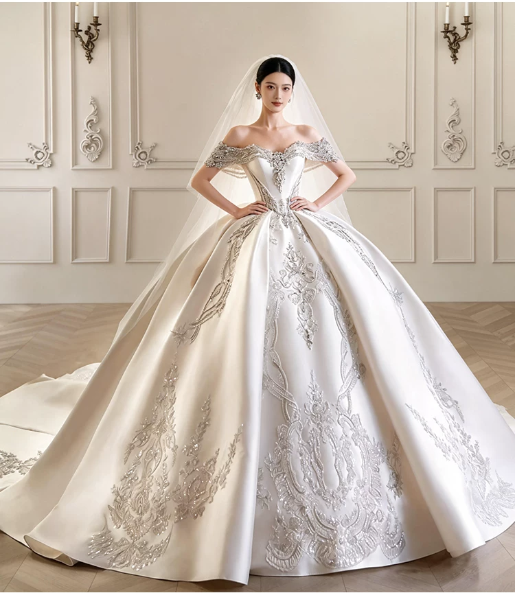 Elegant Off‑the‑Shoulder Satin Silver Beaded Lace Appliques Cathedral Train A-Line Wedding Dress TP6132