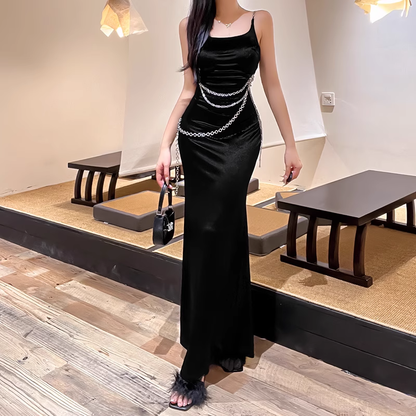 Gorgeous Black Spaghetti Strap Waist Chain Mermaid Long Prom Dress Evening Dress TP4355