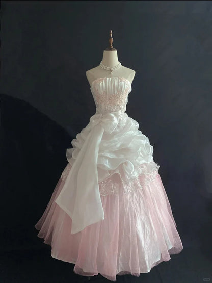 Vintage Pink Strapless Chiffon Sweet 16 Quinceanera A-Line Ruffles Ball Gown TP4271