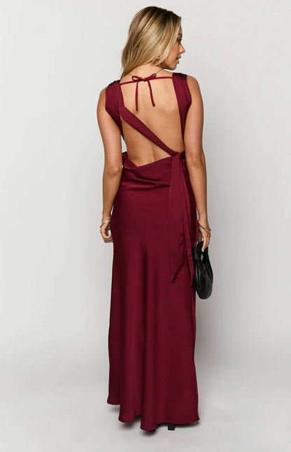 Gorgeous Burgundy Satin Square Neck Cowl Neck Straps Evening Dress TP5812