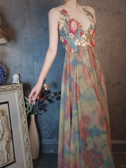 Vintage Floral Backless Design Elegant Chiffon Evening Dress Prom Dress TP4030