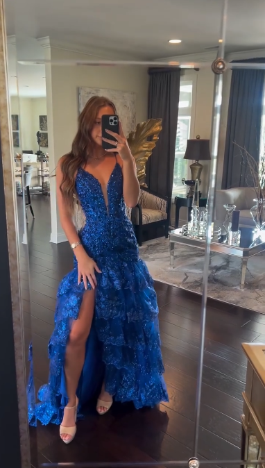 Vintage Navy Blue V-Neck Sequin Evening Dress Sheath Spaghetti Strap Tiered Long Prom Dress TP5059